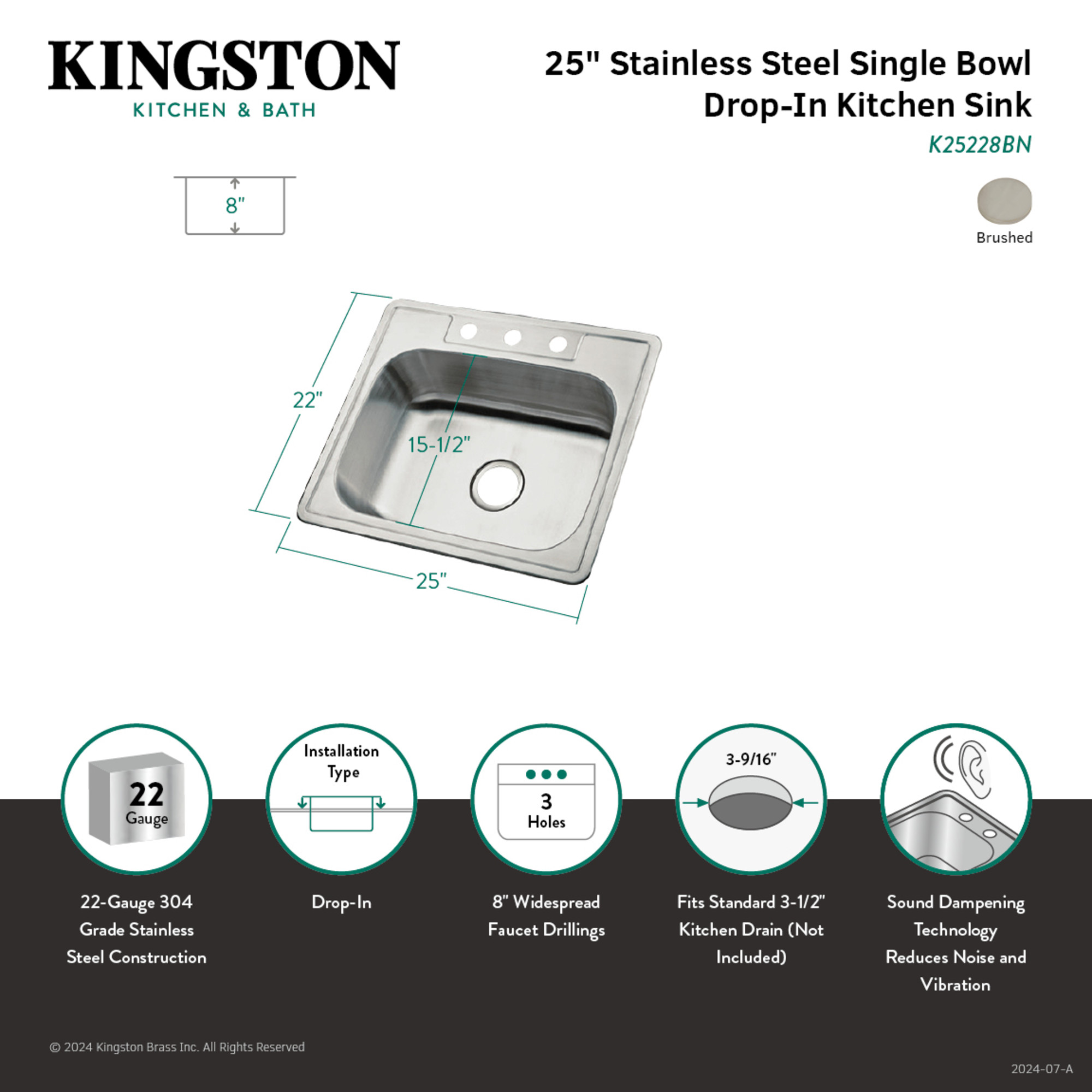 Carefree 25'' L x 22'' W Single Bowl Self-Rimming Kitchen Sink