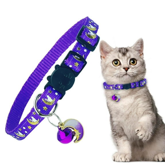 Adjustable Breakaway Cat Collar with Bell, Glow-in-the-Dark Moon Star Pendant, Reflective Safe Quick Release Buckle for Kittens & Small Pets