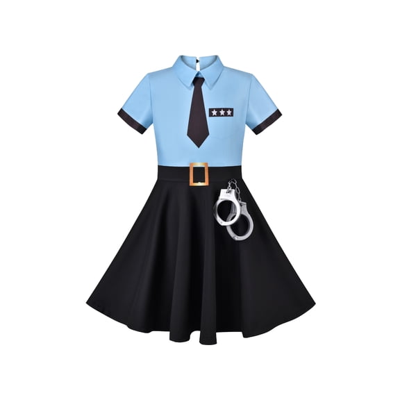 Girls Dress Halloween Pretend Police Uniform Necktie Short Sleeve 4 Years