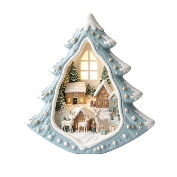 Glowing Christmas Diorama Ornament with Snowy Village and Reindeer Scene, Light Blue and White Resin, for Indoor Tabletop Display, Christmas Decoration