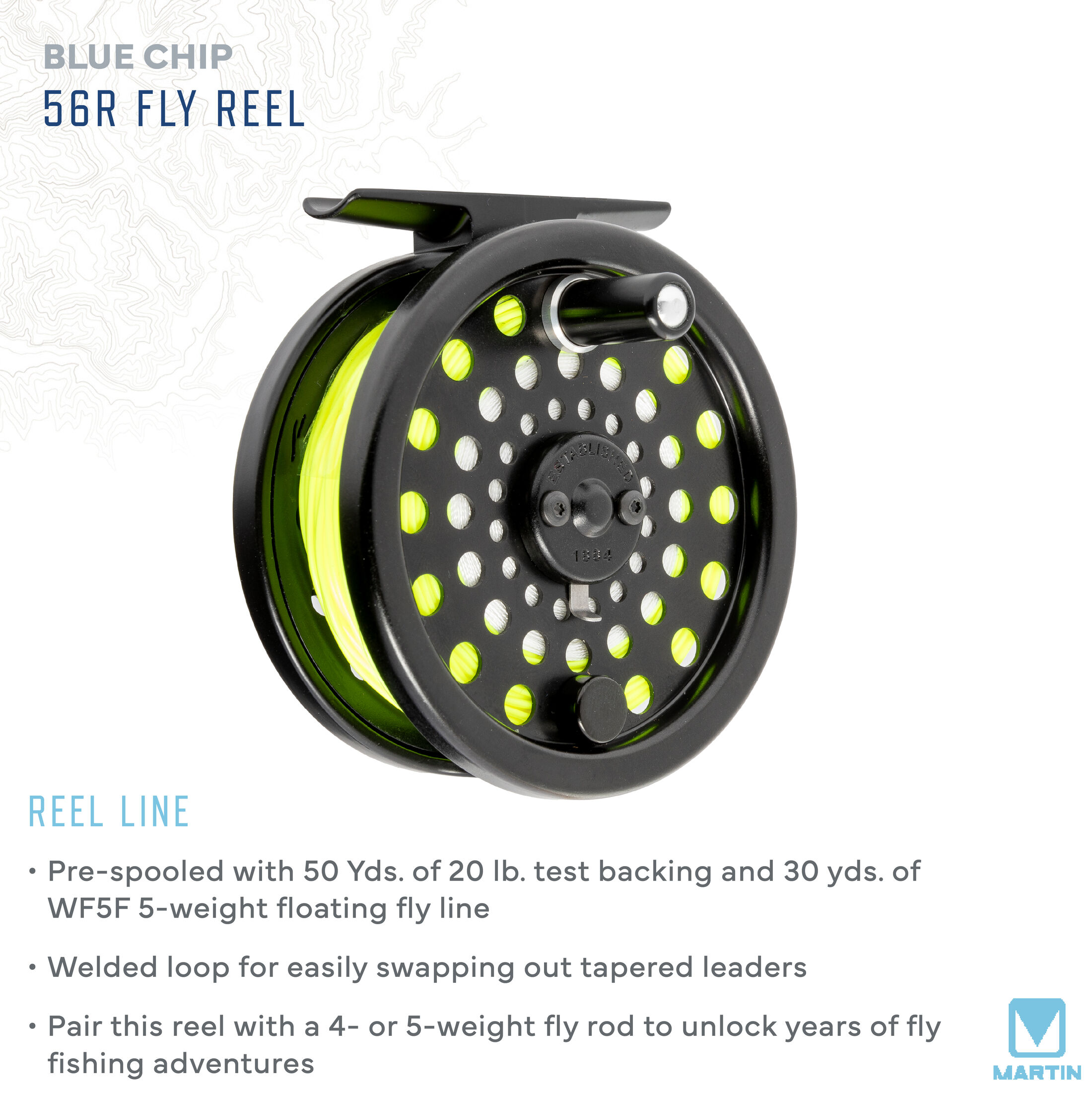 argus lt56 fly reel Martin Blue Chip 56R Fly Reel, 3 to 5-Weight, CNC Machined Aluminum Frame,  Dual Click and Pawl System, 20 Pound-Test Backing, Weight-Forward 5-Weight  Floating Fly Line, Tapered Leader, Black