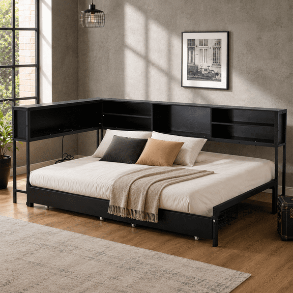 Miniyam Twin Daybed with 2 Storage Drawers, LED Lights & Charging Station, Black
