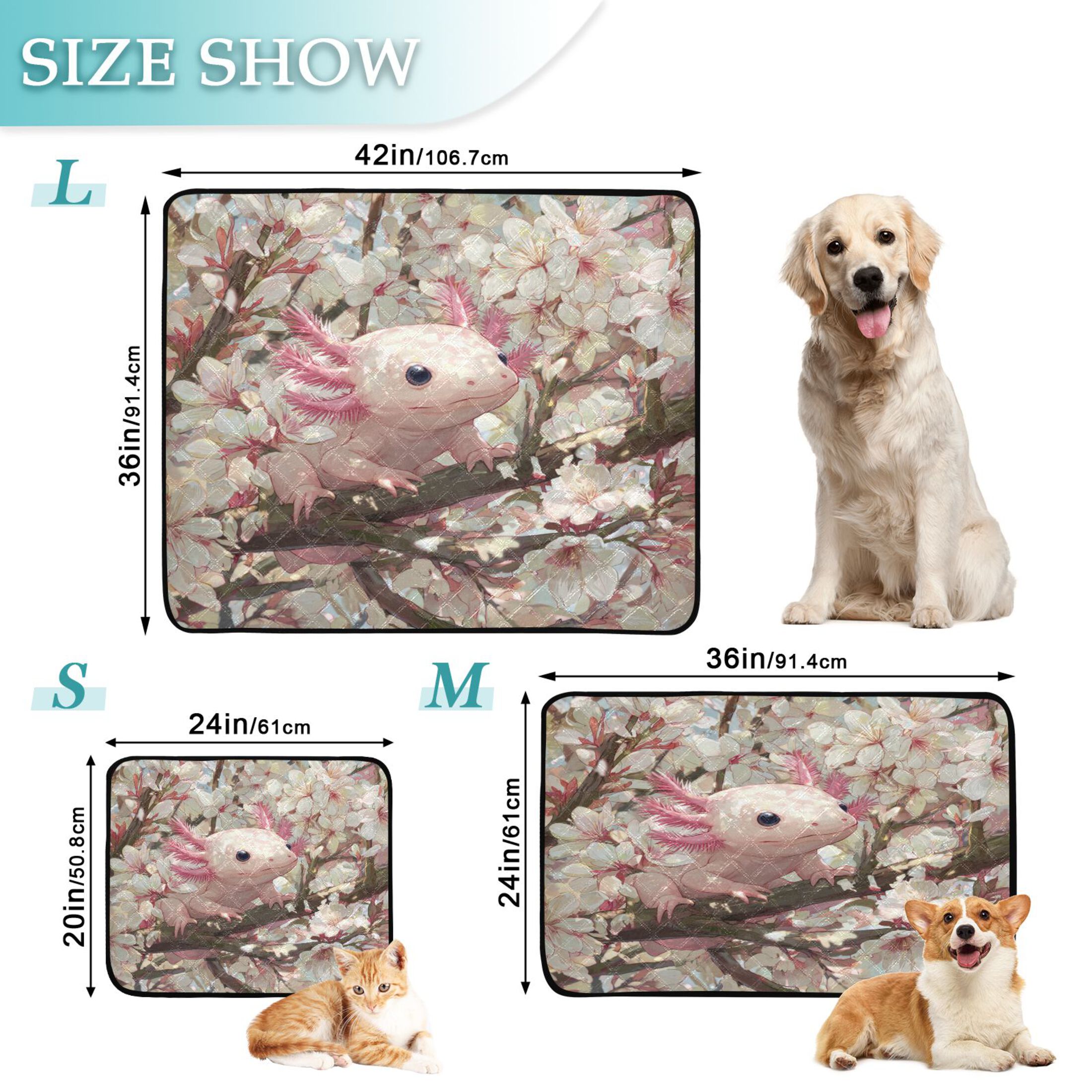 Qxltty Axolotl Cherry Blossom Cat litter Pads Pet Set of 3 Diaper Mats Center Anti-leakage Layer Absorbent Soft and Comfortable