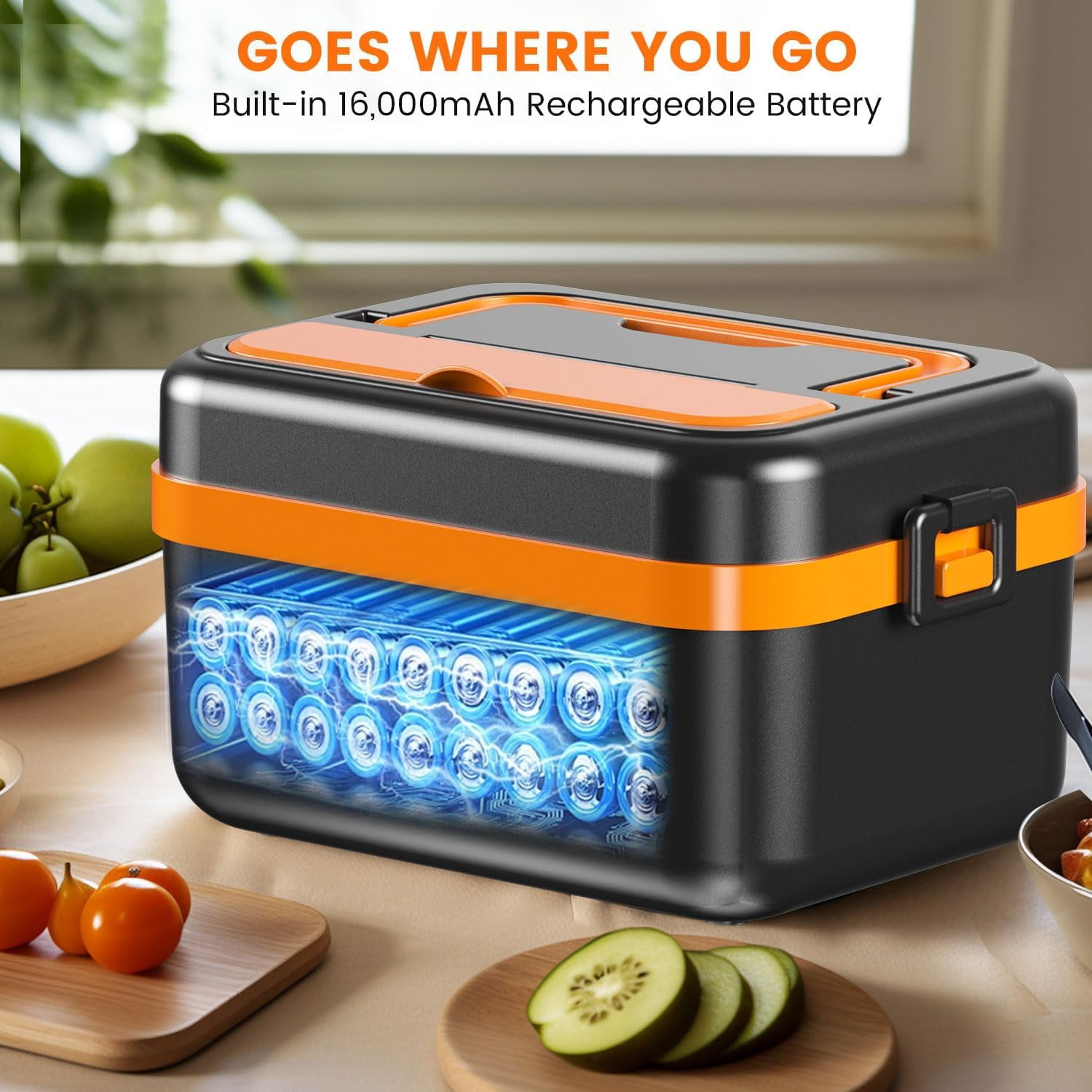Cordless Electric Lunch Box for Adults, Rechargeable Self-Heating Lunch Box Food Warmer with Timer&Adjustable Heating,34oz/1L Stainless Container with Insulated Bag for Office,Picnic,Car&Outdoor Use