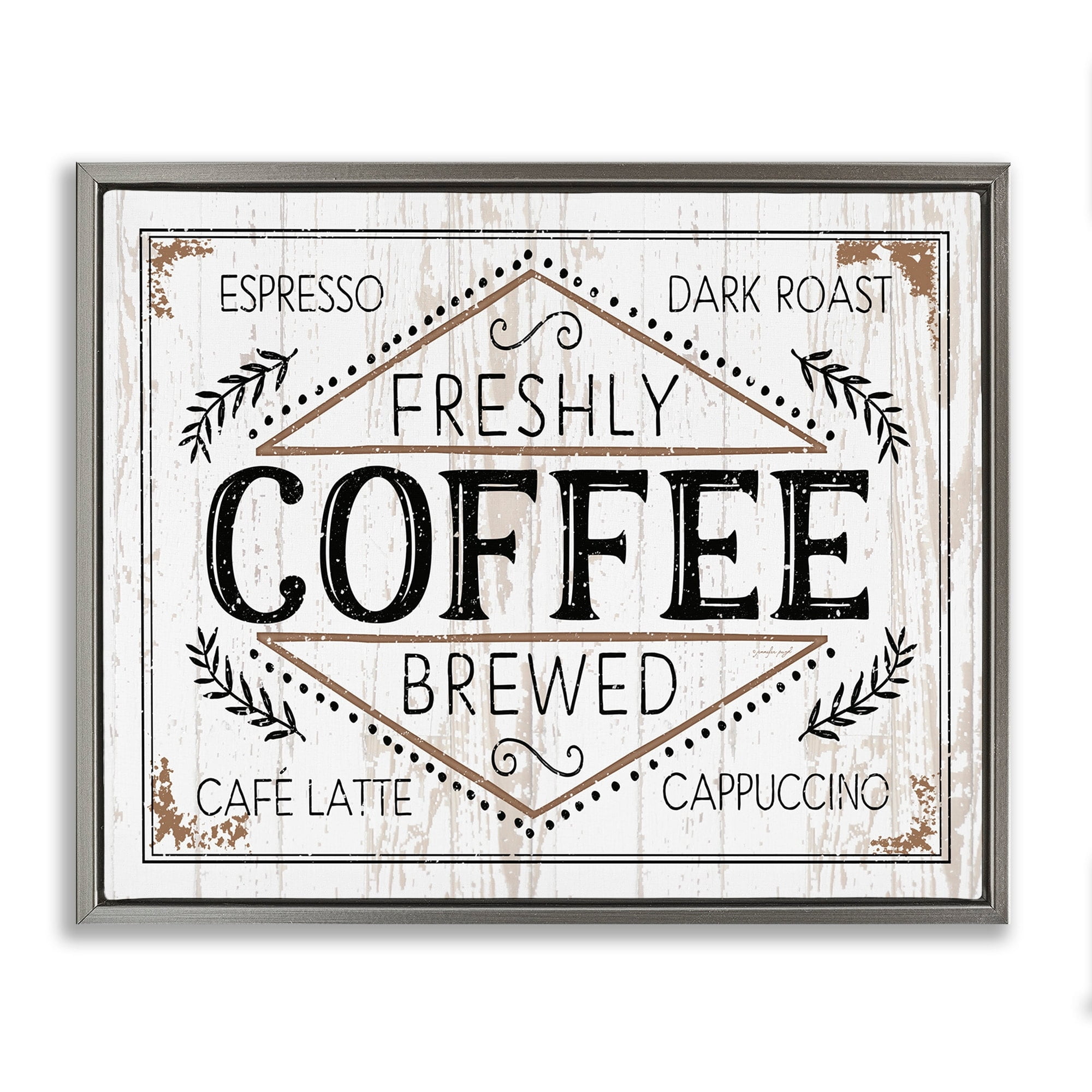 Stupell Industries Rustic Fresh Brew Coffee Sign Autumn Charm Luster Gray Framed Floating Canvas Wall Art, 16x20, by Jennifer Pugh