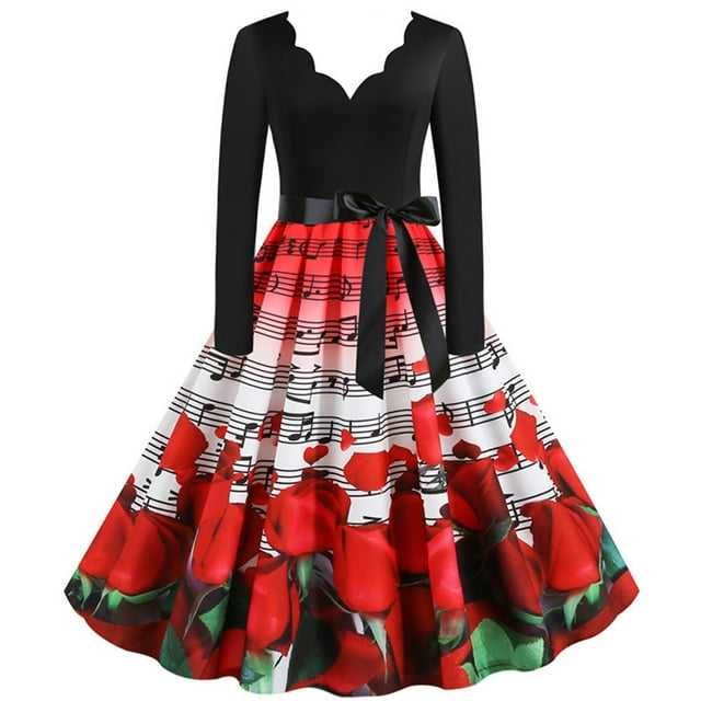 U.Vomade Vente Chaude Robe à Manches Longues pour Femme Vintage Aguichant Noire à Col en V Mode Rock Pin Robe de Fête Ajustée Grande Taille Fête Fête