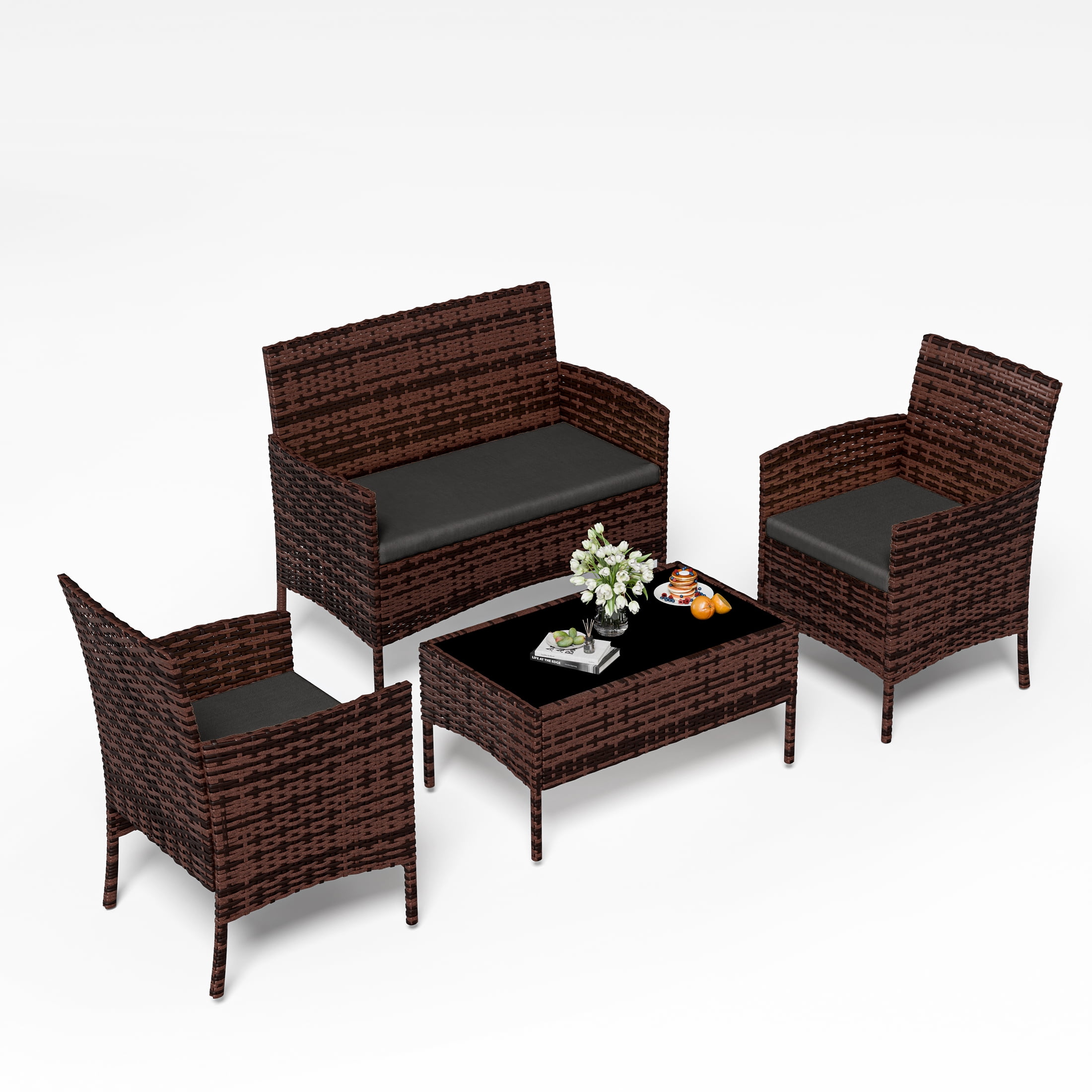 UDPATIO 4 Pieces Outdoor Patio Furniture,Sectional Conversation Sets,Brown PE Rattan Patio Chairs with Table and Loveseat for Balcony, Porch, Backyard,（Gray Cushion）