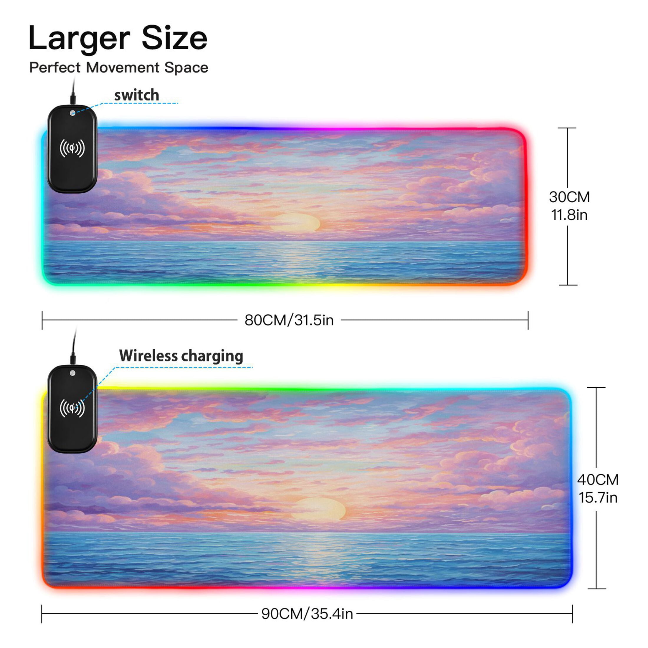 Wireless Charging Mouse Pad Large RGB Gaming Desk Mat 13 Light Modes Mousepad 35.4x15.7 Sea with Sunrise