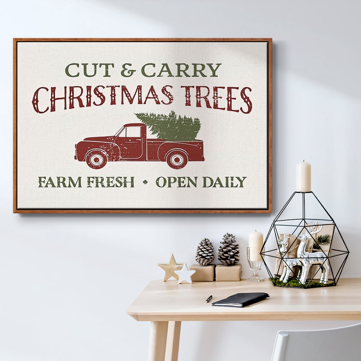 Christmas Farm Sign II - Framed Gallery Wrapped Holiday Canvas - 17 x 25 - Rosewood Frame