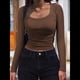 thumbnail image 5 of Camisas de Larga con Cuello Redondo para Mujer, Blusas Informales de Punto Acanalado de Corte Ajustado, Camisetas Básicas de Trabajo para Verano y Otoño. Marrón L, 5 of 9