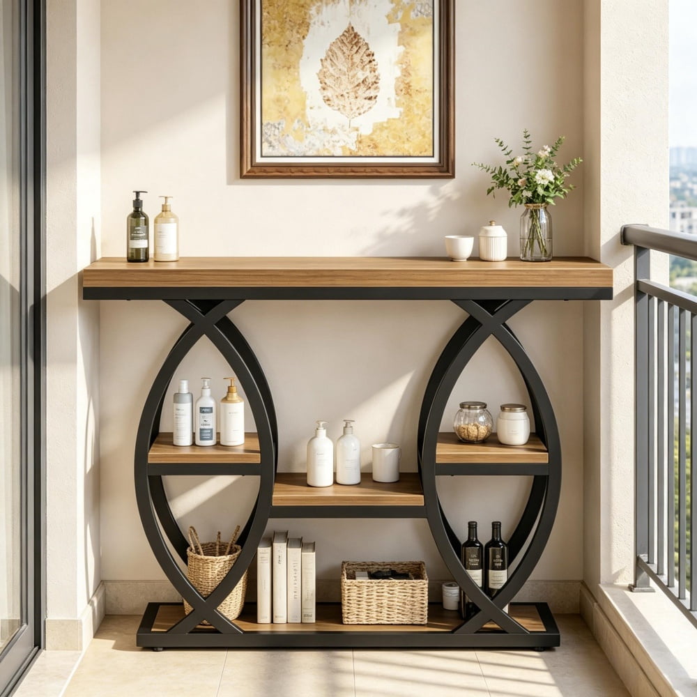 4-Tier Industrial Console Table, Rustic Top with Geometric Metal Frame, Narrow Entryway Sofa Table with Anti-Tip Device & Adjustable Foot Pads for Home Decor