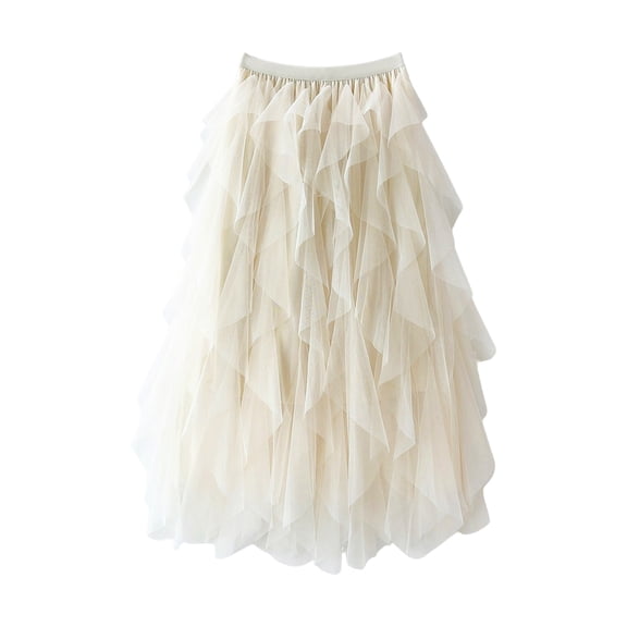 Women's Midi Irregular Tulle A-line Elastic High Waist Puffy Skirt Beige