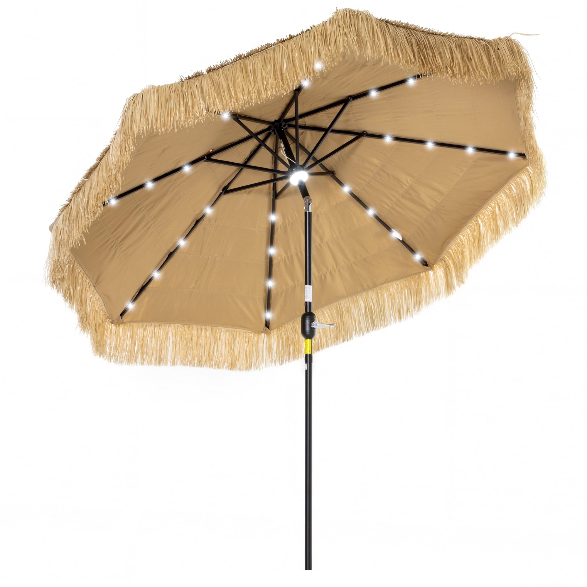 Outsunny 9 ft Hula Thatched Tiki Patio Umbrella with LED Solar Light, Tropical Hawaiian Style Outdoor Umbrella with Crank, Tilt, UPF30+, Khaki