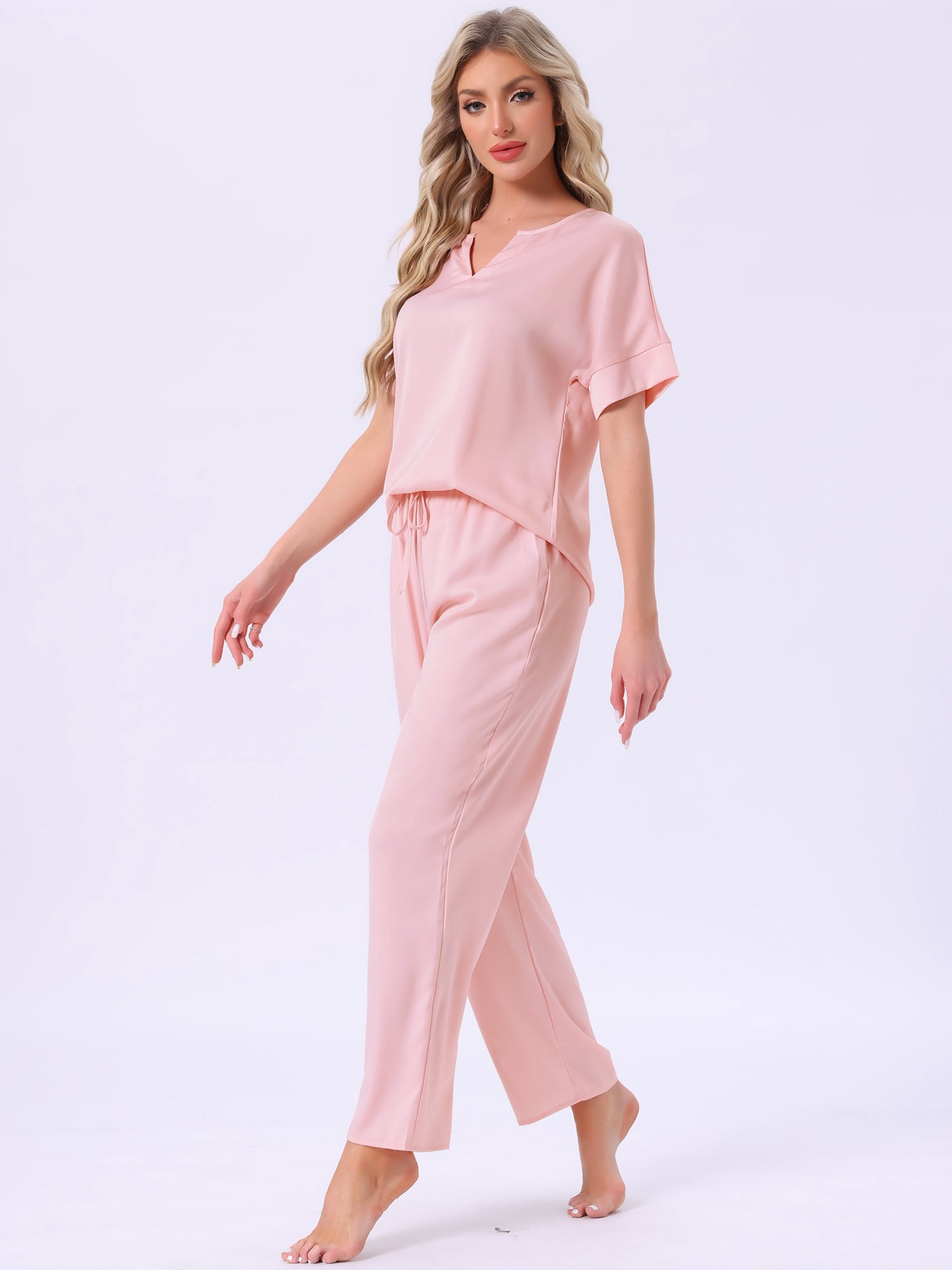 DARING DIVA Satin Pajamas Silky Short Sleeve V Neck Shirt Long Pant Set M Pink