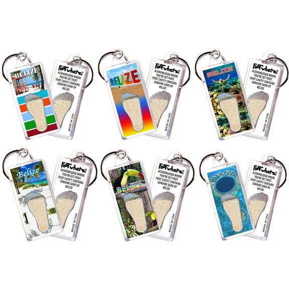 Belize FootWhere Souvenir Keychains. (BLZ100 - Assorted) 6 Piece Set.