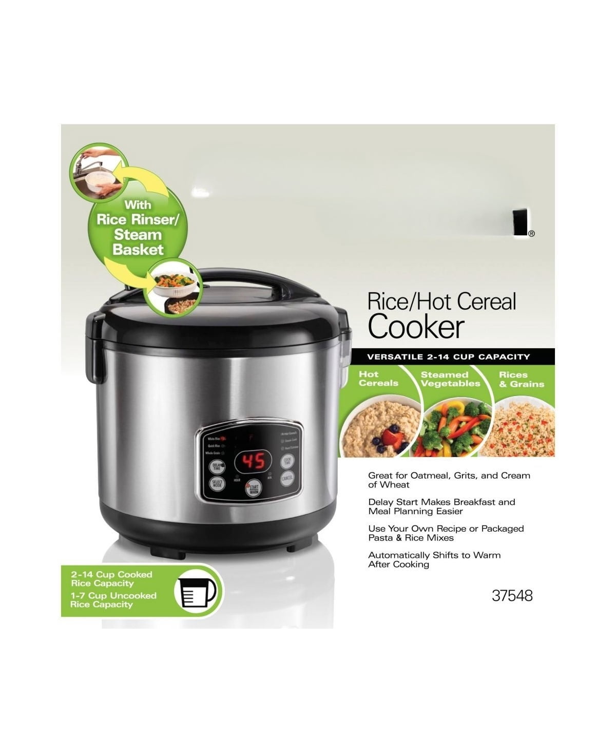 Rice & Hot Cereal Cooker, 2-in-1 Steam/Rinse Basket, Delay Start & Auto Keep-Warm, Nonstick Pot
