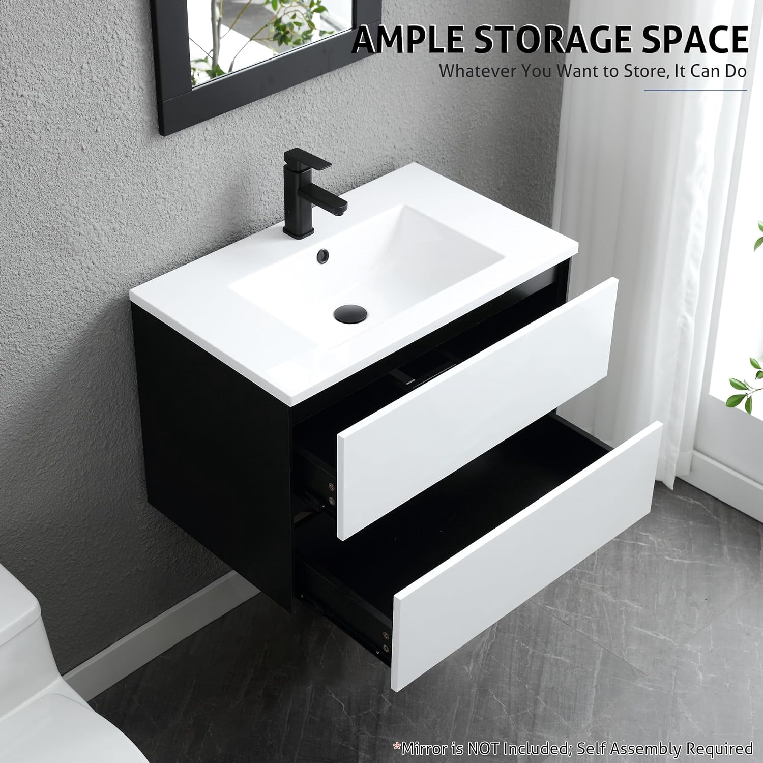 Eclife 30" Bathroom Vanity Cabinet with Undermount Ceramic Sink, 2 Big Drawers, Matte Black Faucet