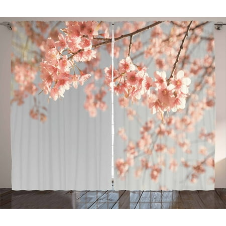 Peach Curtains 2 Panels Set Japanese Scenery Sakura Tree Cherry
