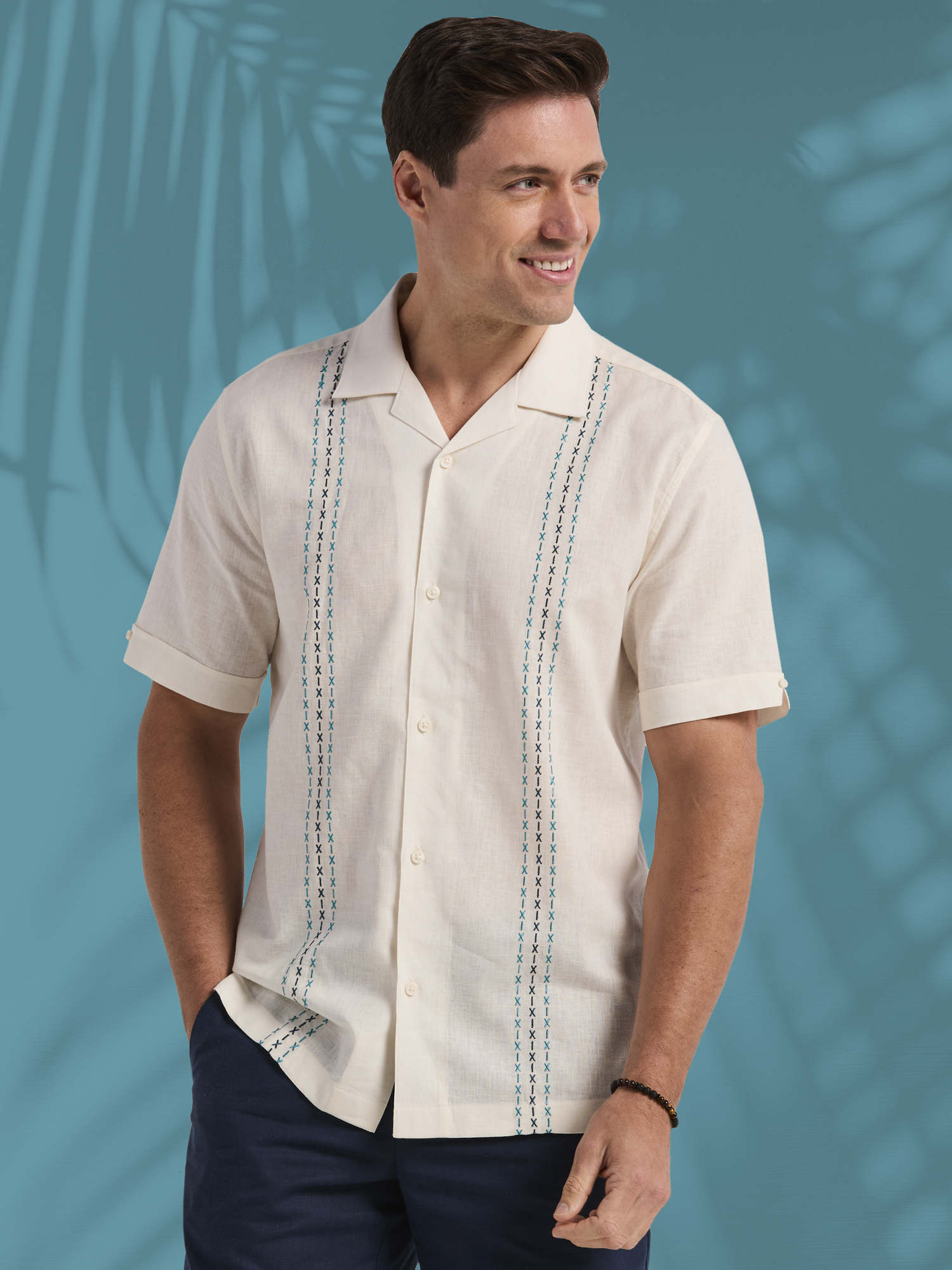Havanera Men's and Big Men's Embroidered Panels Short Sleeve Linen Cotton Button-Down Shirt, Sizes S-5XL