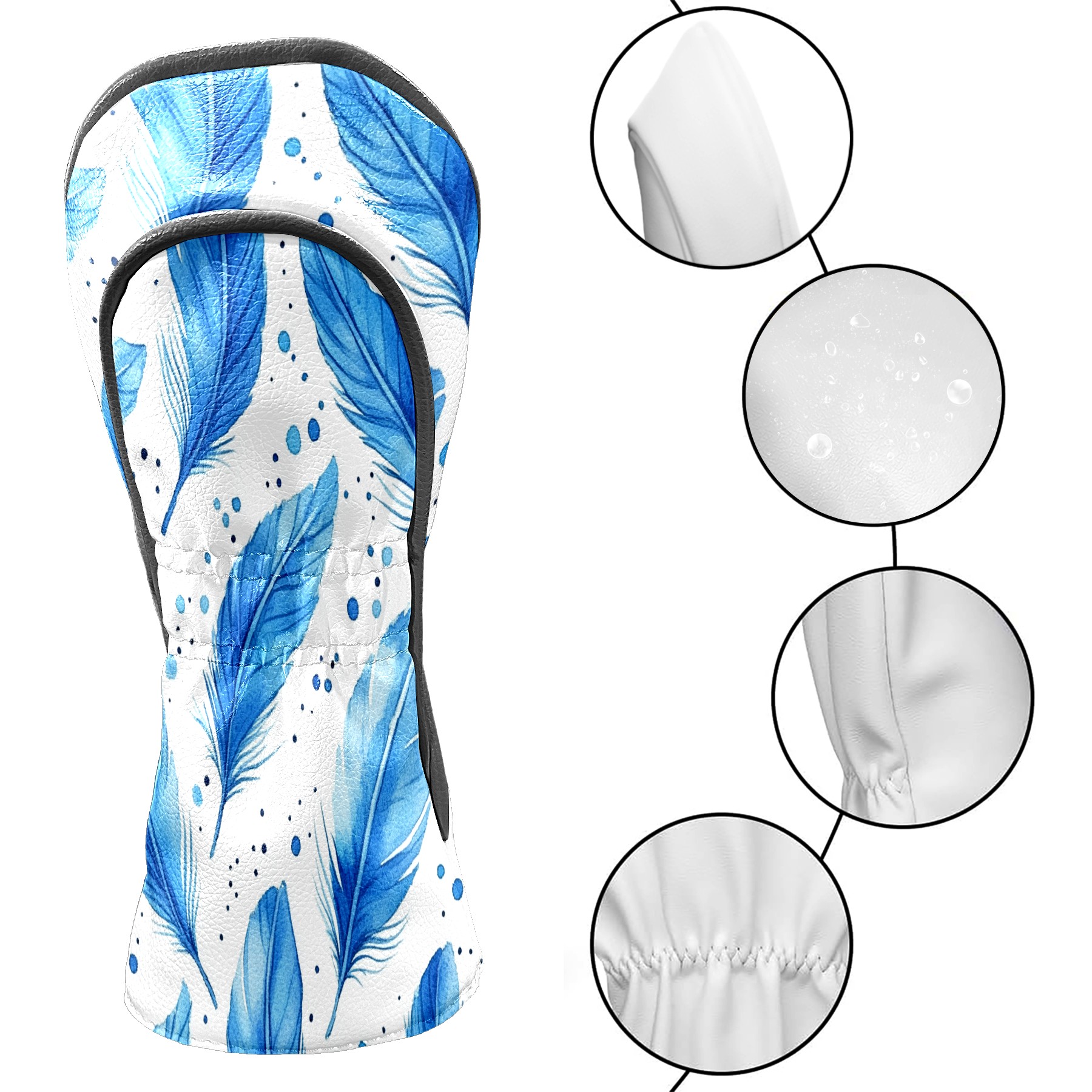 Golf Club Covers, Blue Feathers Premium PU Leather Driver Hybrid Putter Head Covers with Velvet Lining, Waterproof Golf Gifts for Men Women