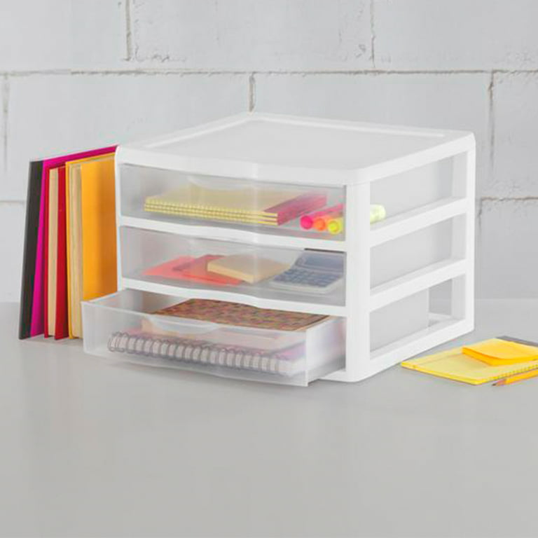 Sterilite Clear Plastic Stackable Small 3 Drawer Storage System, White, (6 Pack)