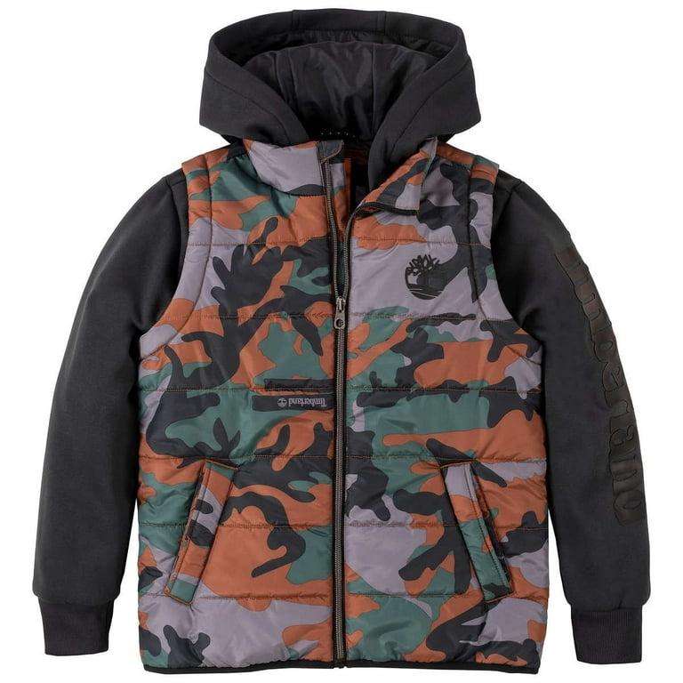 Timberland Boys Kid Hybrid Camo Hooded Mid Weight Performance Jacket Big Boys Large 14 16