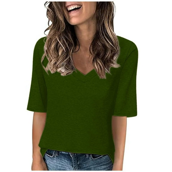 Atogsazn Women's V Neck T Shirts Casual Loose Half Sleeve Tops Basic Summer Tees Clothes Blouse Fashion Army Green L