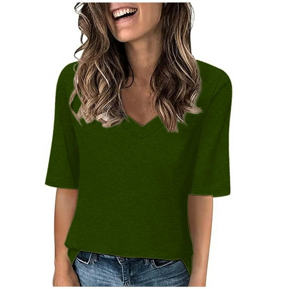 Timegard Tops for Women V-Neck Half Sleeve Comfy Summer Casual Tunic Top for Leggings Blouse Basic Tshirts