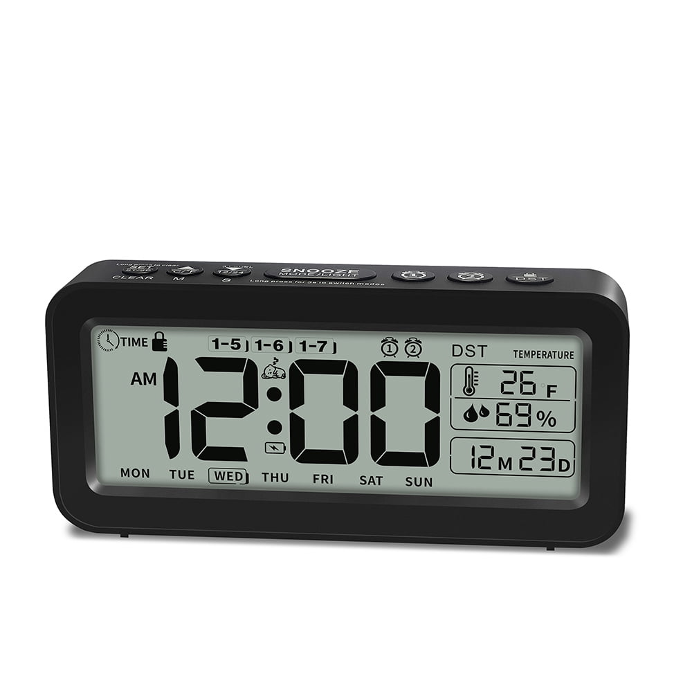 Digital Alarm Clock with Temperature Humidity Countdown LCD Calendar Weekday Display Battery Powered for Home Office Décor