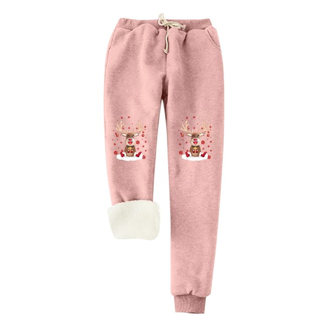 Gibobby pantalones de mezclilla afelpados mujer Mujer estampado navideño Otoño Invierno terciopelo bolsillos cálidos cintura elástica pierna deportes pantalones casuales (Rosa, M)