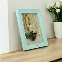 Hives and Honey Women's Medium 15" x 12" Seafoam Jewelry Frame Organizer with Necklace Hooks and Linen Pinboard