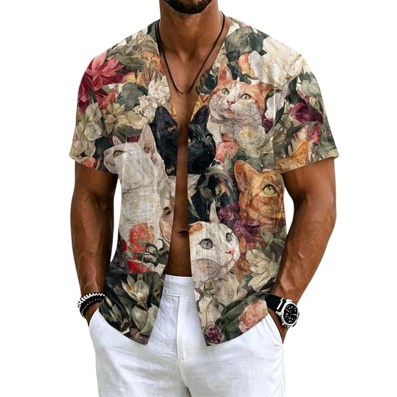 Uwinwear Linen Cotton Short Sleeve For Men Button Up V Neck Shirts Lightweight Printed Tops Hawaiian Summer Beach Casual Shirts Breathable Casual Wear,Multicolor,M