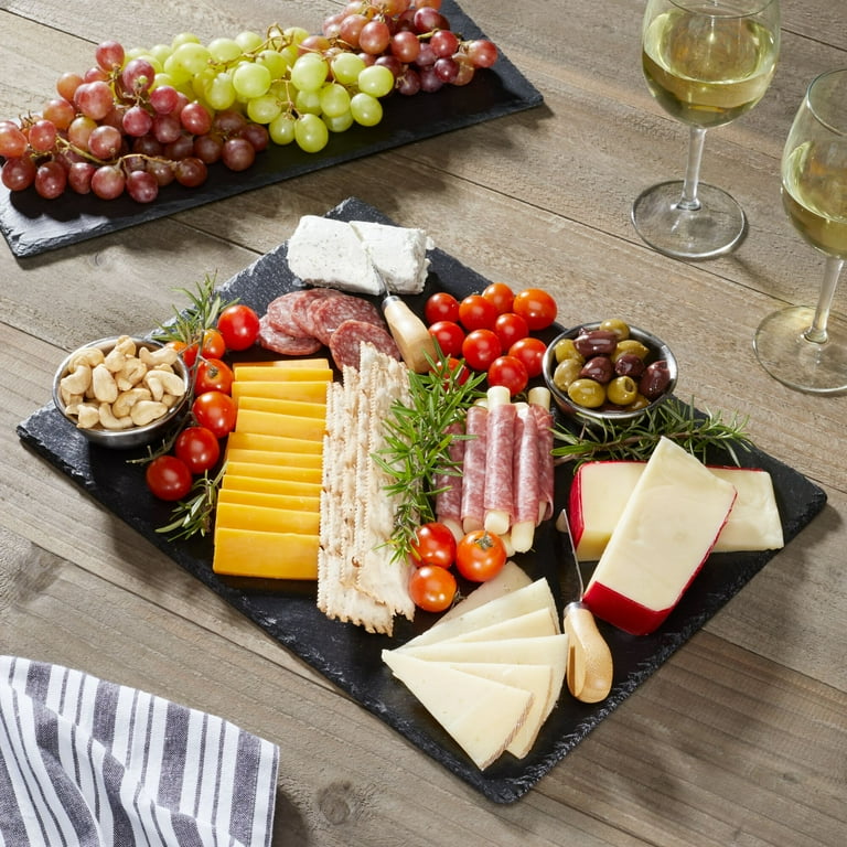 mDesign Slate Stone Serving Charcuterie Tray and Chalk Pencil