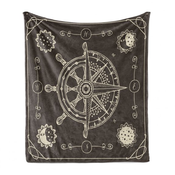 Nautical Soft Flannel Fleece Blanket, Maritime Inspired Design Compass Windrose with Floral Sun and Moon Image, Cozy Plush for Indoor and Outdoor Use, 70" x 90", Taupe and Eggshell, by Ambesonne