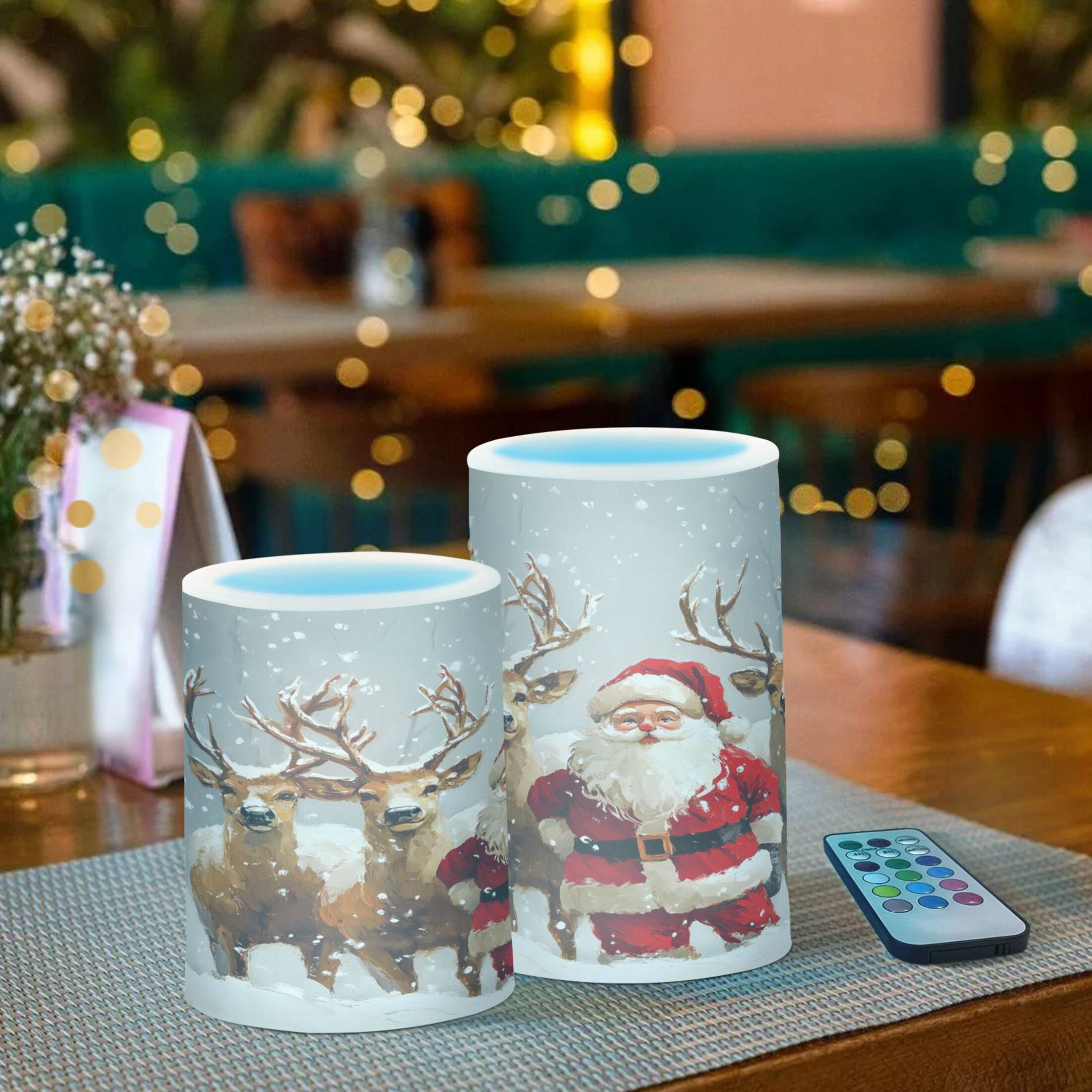 Flickering Flameless LED Candles set of 2 Battery Operated 18-Key Remotes Timer Halloween Fall Decor Christmas Santa Claus with Deers D3''xH4''5''