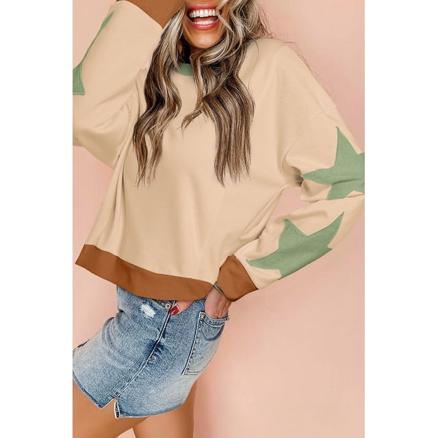 I AM A FASHION JUNKY Parchment Star Patchwork Exposed Seam Oversized Sweatshirt (Parchment, XL, 65%Polyester+35%Cotton)
