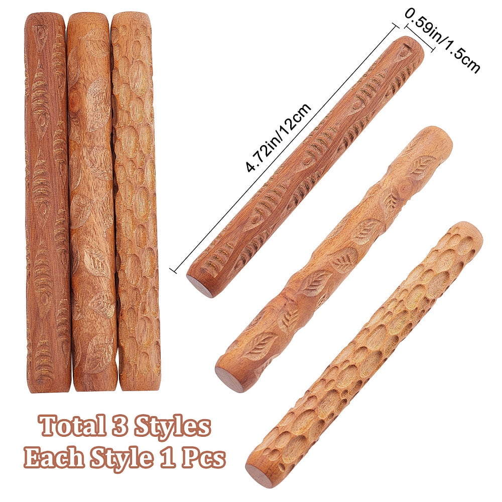 3Pcs 3 Style Wooden Handle Clay Texture Roller Pottery Tools Stone/Leaf/Fish Pattern Mixed Patterns 12x1.5cm 1pc/style