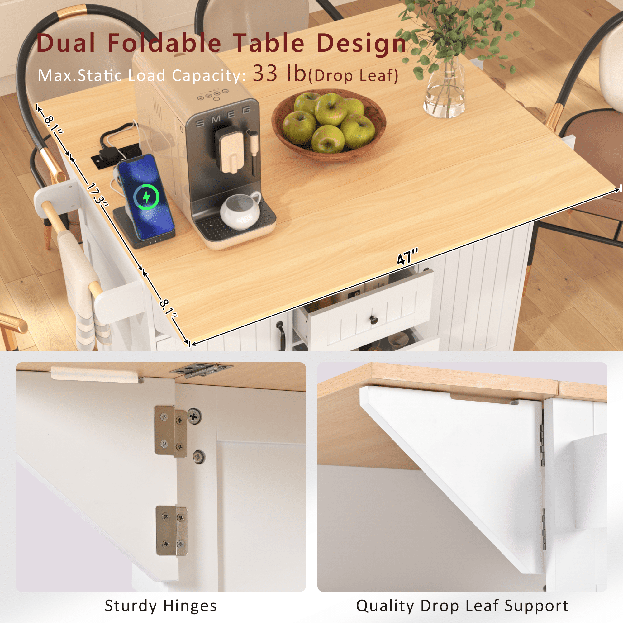 Yoneston 55.7" Kitchen Island with Drop Leaf and Power Outlet, Rolling Kitchen Cart with Spice Towel Rack, Folding Storage Dining Table with 3 Drawers 2 Doors for Kitchen Dining Room, White