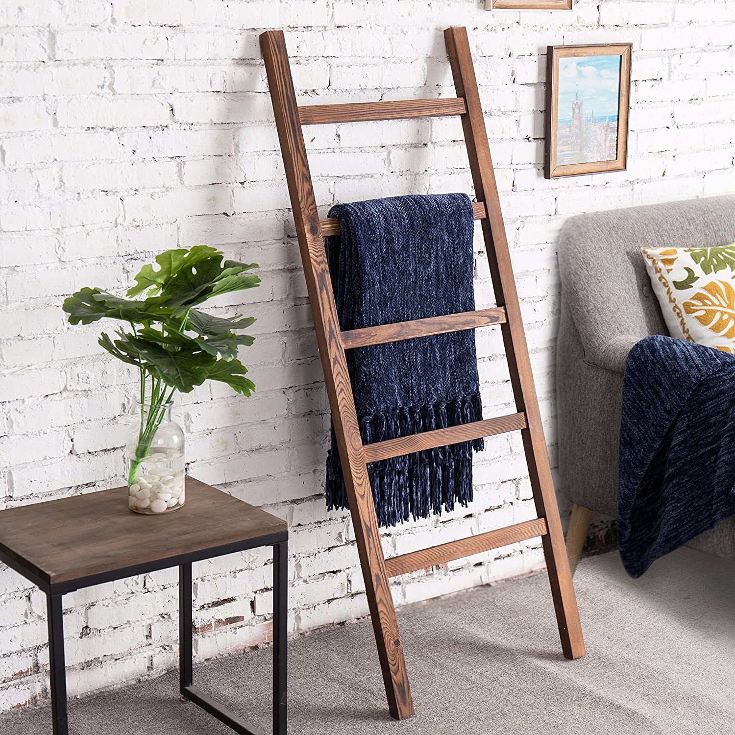 MyGift 4.5 Foot Brown Wood Blanket Quilt Ladder Rack