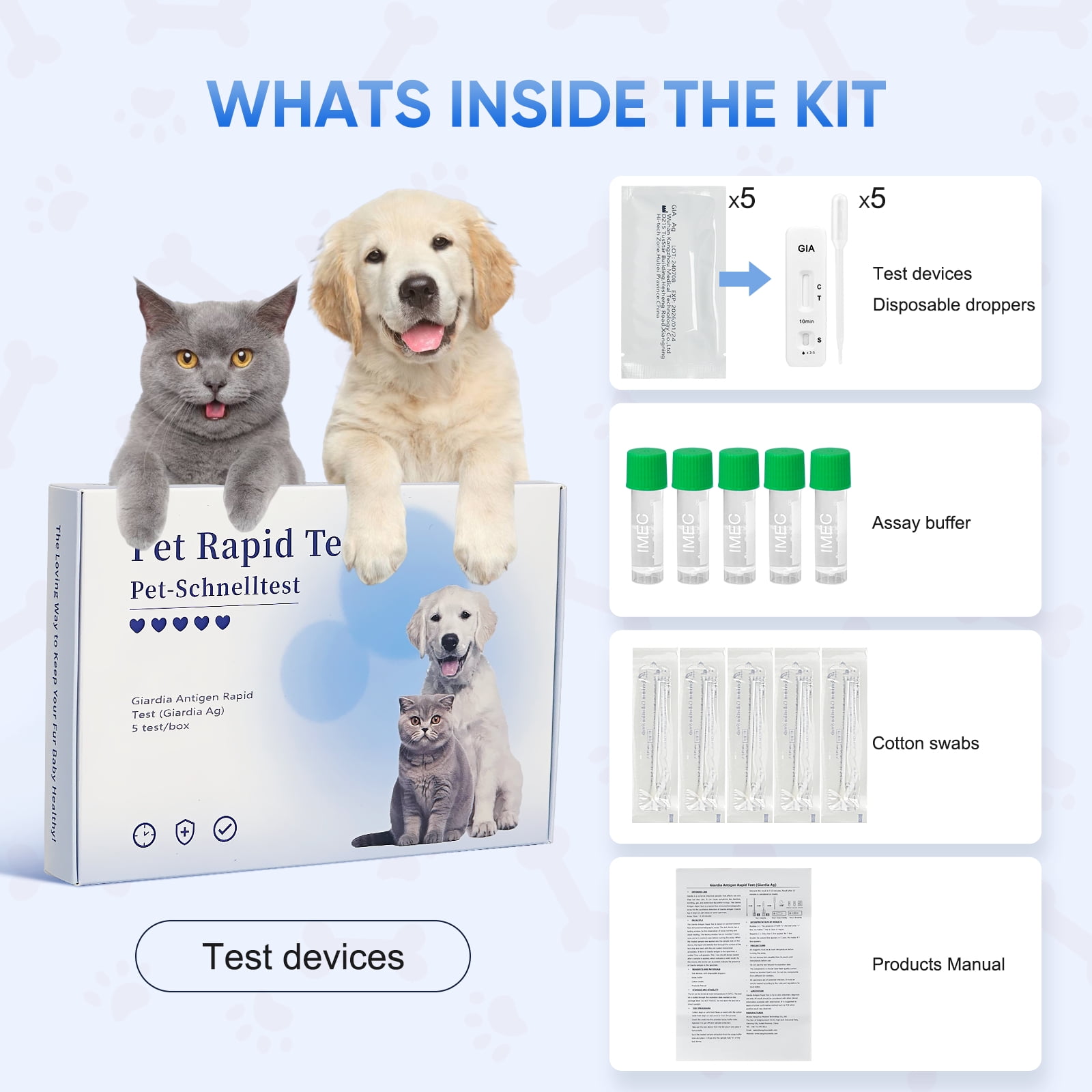 Rapid 5-Piece GIA Test Kit for Dogs & Cats: Home Giardia Detection in Feces/Vomit in 5-10 Min! Easy, Non-Invasive for All Breeds & Ages