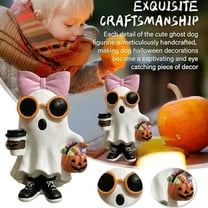 Halloween 7.8 Inch Ghost Girl Figurine with Pink Bow & Hot Drink – Resin Halloween Tabletop Decor for Home (White)