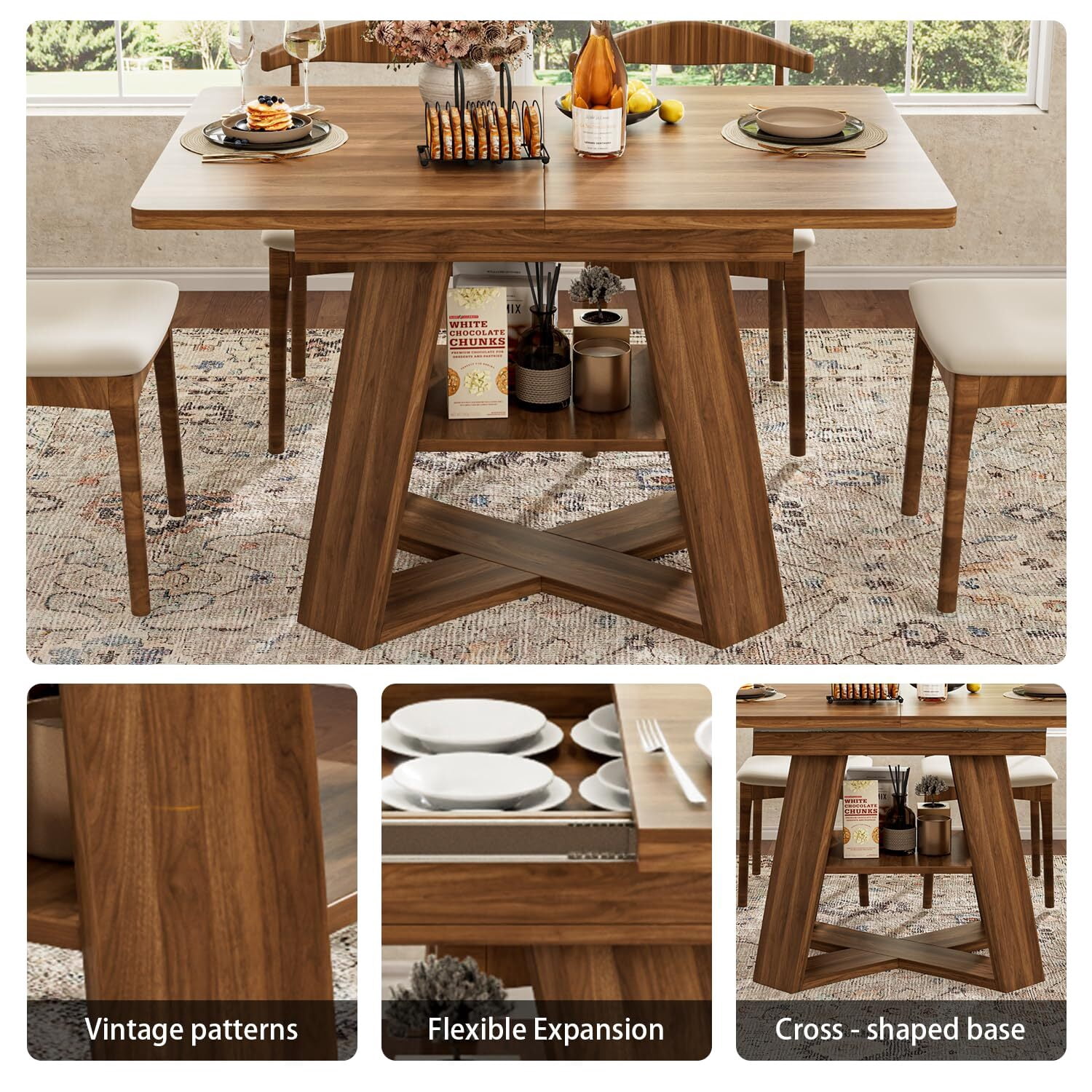 Extendable Dining Table 47.24''-66.92'', Seats 4-6, Rectangle Kitchen Table with Removable Leaves, Storage Shelf, Walnut