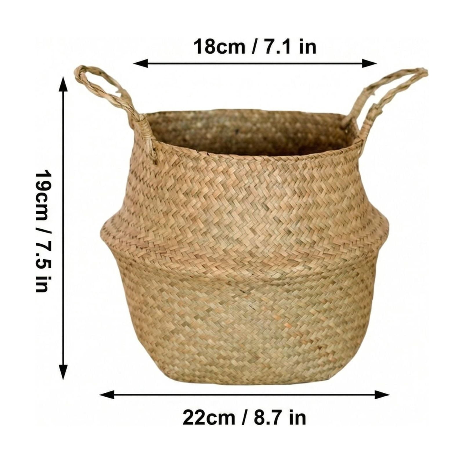 KUNPENG 9" Hand-Woven Seagrass Belly Basket - Small 22cm Natural Wicker Plant Pot Cover, Foldable Straw Storage Basket with Handles for Home Organizing, Boho Nursery & Laundry Decor