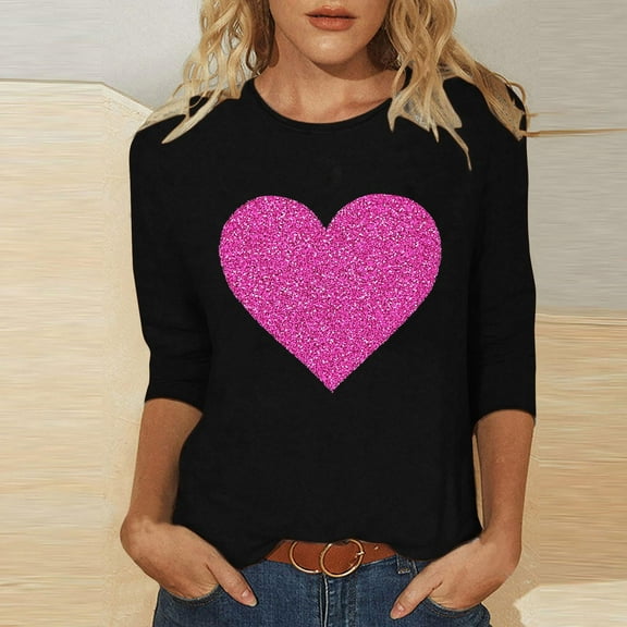 HaoXianJian Valentine's Day Shirt for Women Glitter Love Heart Printed T-Shirt Top 3/4 Sleeve Tee Crew Neck Casual Blouse Tops Size S-2X