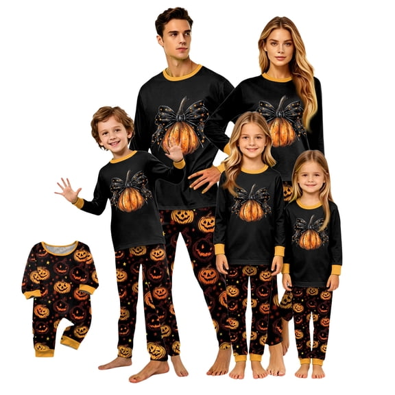 HTHLVMD Family Matching Pajamas, Halloween Sleep Set, Halloween Big Bow Pumpkin Chest Print Allover Pumpkin Star Family Matching Pajamas Set, Long Sleeve Crew Neck 2 Piece Loungewear, 12 Months