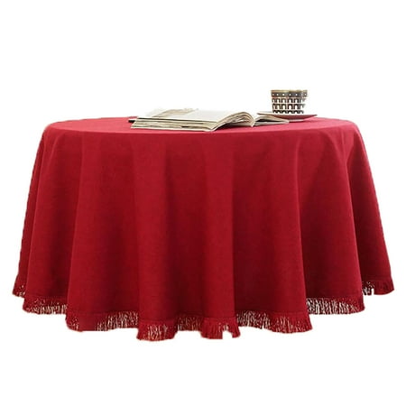 

Round Tablecloth Polyester Cotton Solid Color Tablecloth With Tassel Heat Resistant Table Cover Washable For Party Cafe High Tea Christmas Halloween-Red-220cm