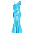 thumbnail image 4 of inlzdz Kids Girls Disco Outfit Off Shoulder Metallic Flare Jumpsuit Sequin Fringe Formal Dance Romper Lake Blue 12, 4 of 5