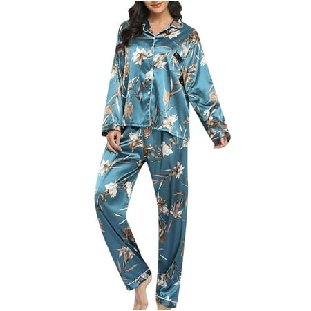 

HTNBO Womens Two Piece Pajama Sets Long Sleeve Button Lapel Shirts Long Slim Leg Pants Summer Styles from $13