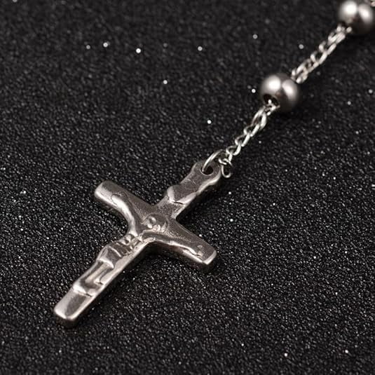 1Pcs Crucifix Cross Pendant Necklaces 201 Stainless Steel Bead Necklaces for Easter Men Women Jewelry Gift Stainless Steel Color 27.6 inch