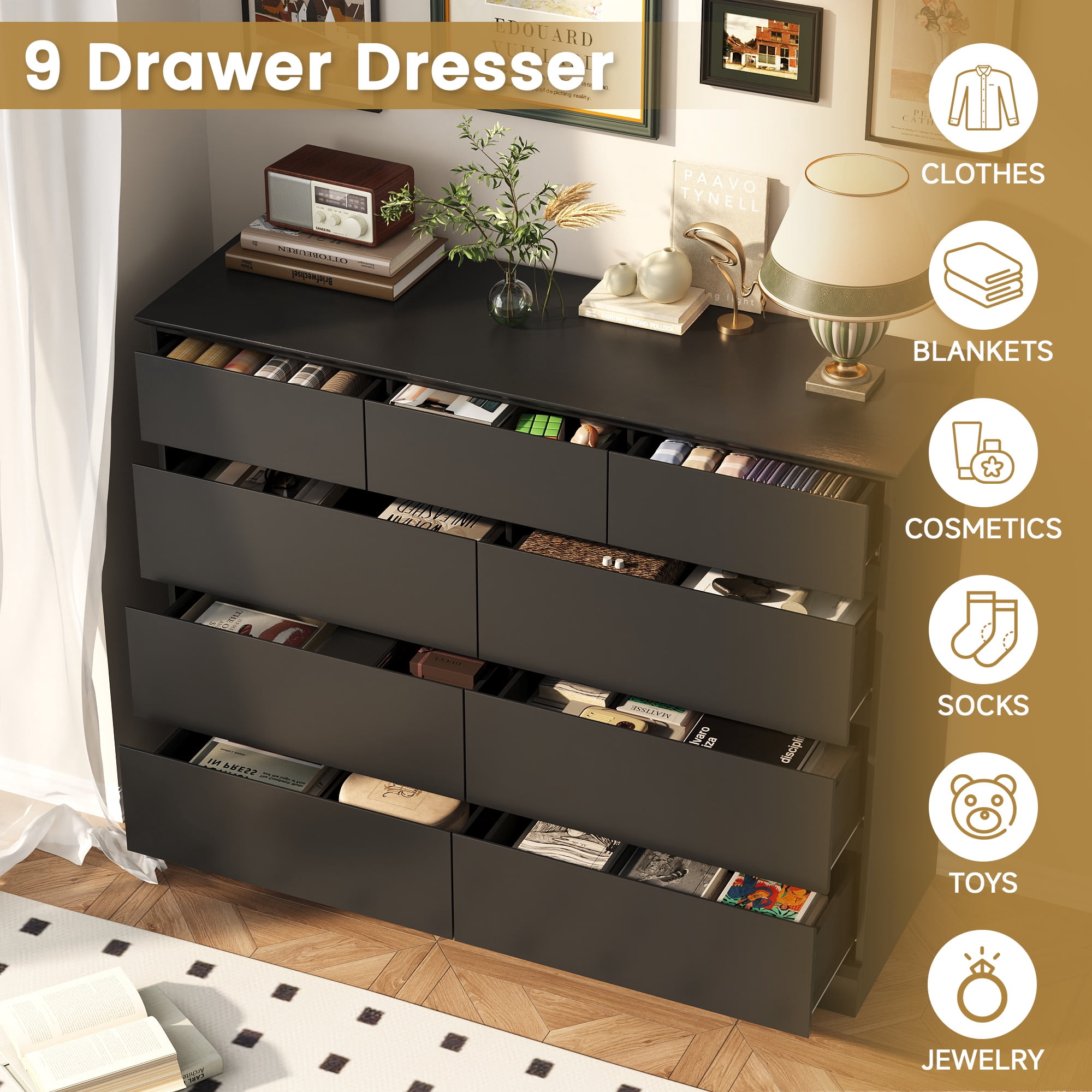 9 Drawer Dresser, Black Chest of Deep Drawers, Modern Dressers with Storage, Large Drawer Organizer for Bedroom, Living Room, Handless Design, Black